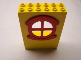 Lego zeď budovy 2 × 6 × 7 s kulatým oknem žlutá