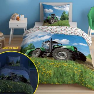 DETEXPOL Povlečení Traktor na louce svítící 100% bavlna 140/200, 70/80 cm