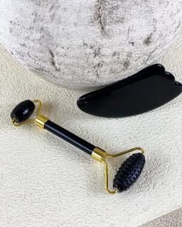 Face roller masážní váleček vroubkovaný z obsidiánu a gua sha