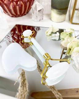 Face roller masážní váleček z jadeitu bílého a gua sha TOP kvalita
