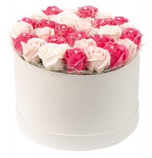Dárkový box z mýdlových květů - 29 bílo-růžových růží