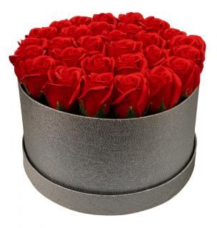 Dárkový stříbrný box z mýdlových květů - 29 červených růží