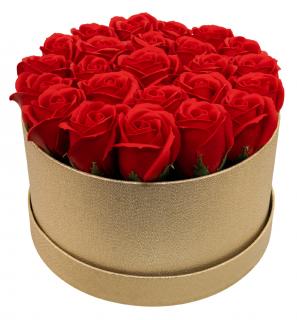 Dárkový zlatý box z mýdlových květů - 24 červených růží