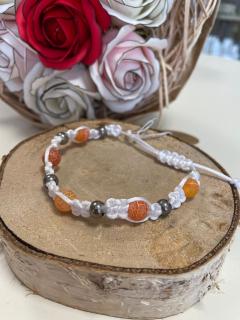Drhaný náramek bílý - Korálek chirurgická ocel 6 mm a Chalcedon (dračí achát) ledové oranžové 8 mm