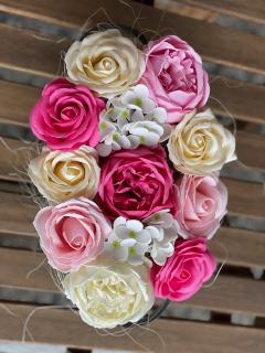 Mýdlová dekorace v plechové vaničce mix 12 květů - 1 ks Barva: Růžová