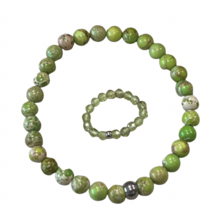 Náramek Imperial Green Jasper 6 mm s přízdobou + Prstýnek Olivín zelený 3 mm s přízdobou