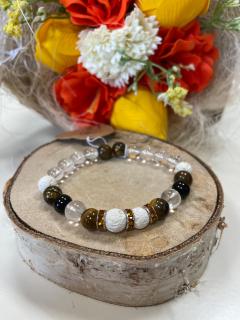 Náramek Křišťál + Láva bílá + Obsidián černý + Tygří oko 8 mm s přízdobou - PANNA