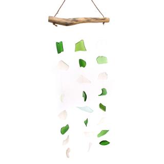 Zvonkohra z recyklovaného skla + dřevo zelená a bílá 1ks