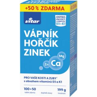 Vitar Vápník - hořčík - zinek + vitaminy D3 a K1, 100 + 50 tablet