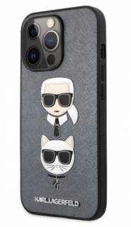 Karl Lagerfeld PU Saffiano Karl and Choupette Heads Kryt pro iPhone 13 Pro Silver