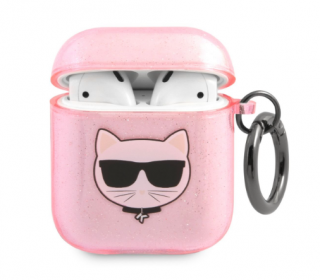 Karl Lagerfeld TPU Glitter Choupette Head Pouzdro pro Airpods 1/2 Pink