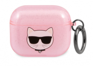 Karl Lagerfeld TPU Glitter Choupette Head Pouzdro pro Airpods 3 Pink