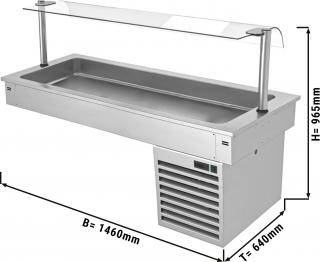 Instalační chladící vana - 1,5m - +2 ~ +8 °C - 4x GN 1/1 - se skleněnou zábranou proti kýchání