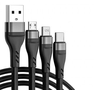 3v1 nabíjecí kabel USB 2.0 - USB-C, Micro USB, lightning - Černý