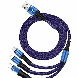 3v1 nabíjecí kabel USB 2.0 - USB-C, Micro USB, lightning - Modrý