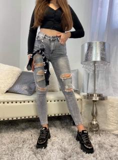 Šedé trhané skinny džíny s ozdobou a vysokým pasem  F3099  Velikosti: XL