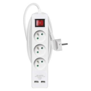 Extension cable 2 m / 3 sockets / with switch / white / PVC / with USB / 1.5 mm2