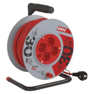 Extension cable on reel 30 m / 4 sockets / red / PVC / 230 V / 1 mm2