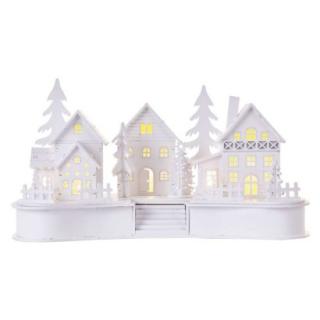 LED decoration wooden white - village, 16 cm, 2x AA, indoor, warm white, timer