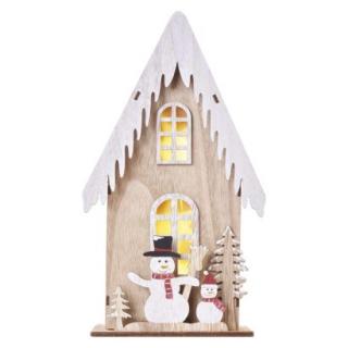 LED decorative wooden - house with snowmen, 28,5 cm, 2x AA, indoor, warm white, timer