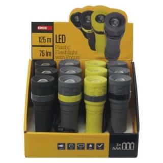 LED handheld flashlight P4703, 75 lm, 3× AAA, focus, 12 pcs, display box