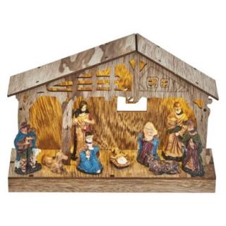LED wooden Christmas crib, 19 cm, 3x AA, indoor, warm white, timer