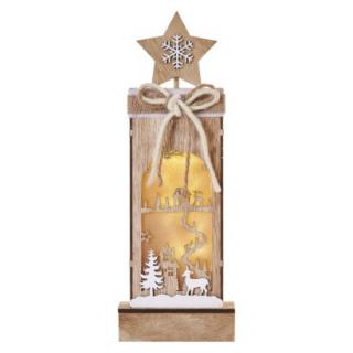 LED wooden decoration - winter landscape, 34 cm, 2x AA, indoor, warm white, timer