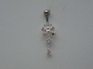 Stříbrný piercing do pupíku (Piercing do pupíku s růžovými kamínky , Ag 925)