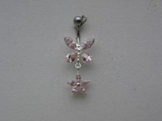 Stříbrný piercing do pupíku (Piercing  do pupíku s růžovými kamínky , Ag 925)
