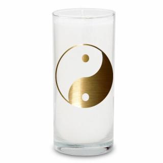 Bílá svíčka se zlatým symbolem Jin Jang (14x6cm)