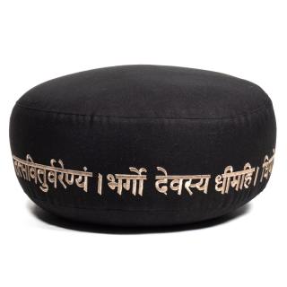 Meditační polštář- Ohm a Gayatri mantra. (černý s šedou výšivkou)