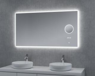 Zrcadlo BIGHT SILVER 120x65cm s hodinami, lupou a LED podsvícením