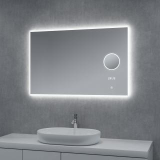 Zrcadlo BRIGHT SILVER 100x65cm s hodinami, lupou a LED podsvícením