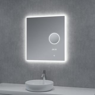 Zrcadlo BRIGHT SILVER 60x65cm s hodinami, lupou a LED podsvícením