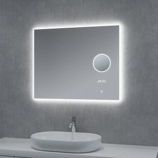 Zrcadlo BRIGHT SILVER 80x65cm s hodinami, lupou a LED podsvícením