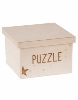 Dřevěný box na hračky - Puzzle gravír 25x25x20 cm, Přírodní
