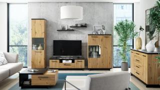 Obývací stěna + konferenční stolek - Irys 3 (Černý mat + Řemeslný dub)