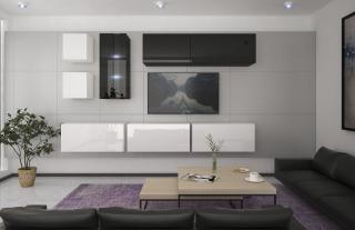 Obývací stěna TENNESSEE 7, 284 cm - Bílo/černý lesk
