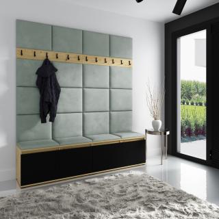Předsíňová stěna s čalouněnými panely Trinity 4 - Dub Artisan s černou / Světle želená 2321