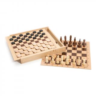 Šachy a dáma v dřevěné krabici