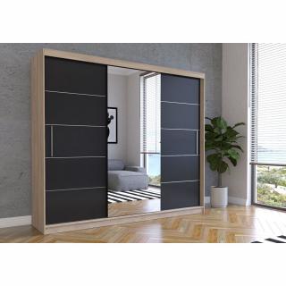Šatní skříň Alba se zrcadlem (250 cm) Barva dřeva: Černá + Sonoma