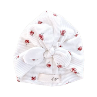 Turban pro miminko - bavlna - bílá s růží Věk dítěte: 0 - 3 měsíce