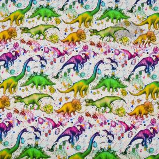 Teplákovina Zelenofialoví dinosauři na bílé (E) (Luxusní vzory z Turecka)