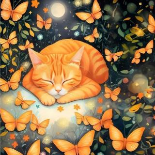 Úplet, Oranžová spící kočka a motýlci, panel (E) (Luxusní vzory z Turecka)