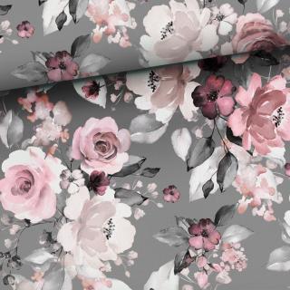 Úplet Růžové květy na šedé (E)  (Hebké bavlněné úplety s elastanem )