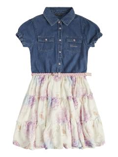 Dívčí riflové šaty s páskem a květinovou sukýnkou GUESS GIRL CHAMBRAY Barva: Mix barev, Velikost: 170/176