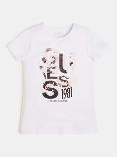 Dívčí tričko s krátkým rukávem GUESS, bílé s růžovými nápisy Barva: Bílá, Velikost: 164