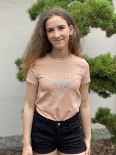 Dívčí tričko s krátkým rukávem GUESS, meruňkové s kamínky Barva: Meruňková, Velikost: 140/146