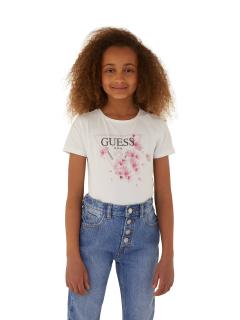 Dívčí tričko s krátkým rukávem s třpytivým efektem GUESS, bílé BLOSSOM Barva: Bílá, Velikost: 128/134