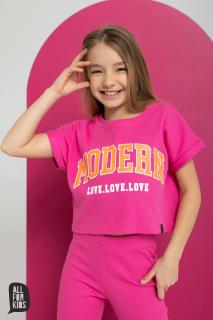 Dívčí žebrované tričko s krátkým rukávem crop top, sytě růžové ALL FOR KIDS Barva: Růžová, Velikost: 104/110